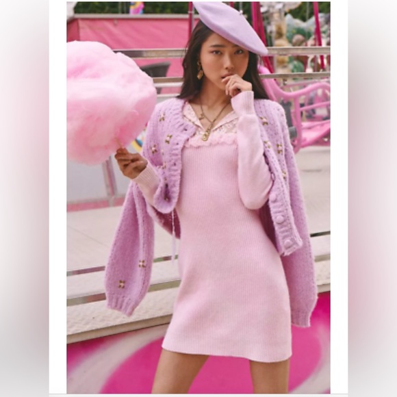 LoveShackFancy Bellini wool blend knit ribbed Pink long sleeve mini Dress Sz.XS. - Picture 2 of 16